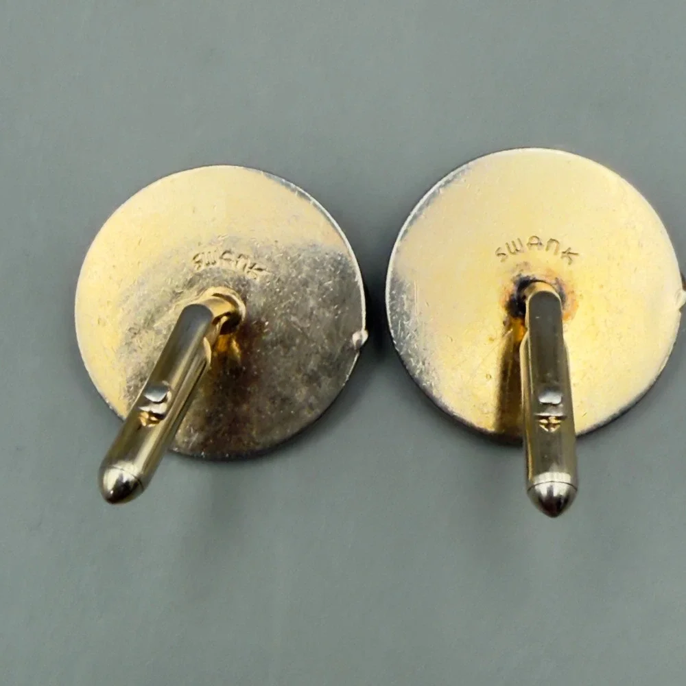 Swank Cufflinks Black Mother of Pearl Gold Tone Round Spiral Overlay Mens Toggle